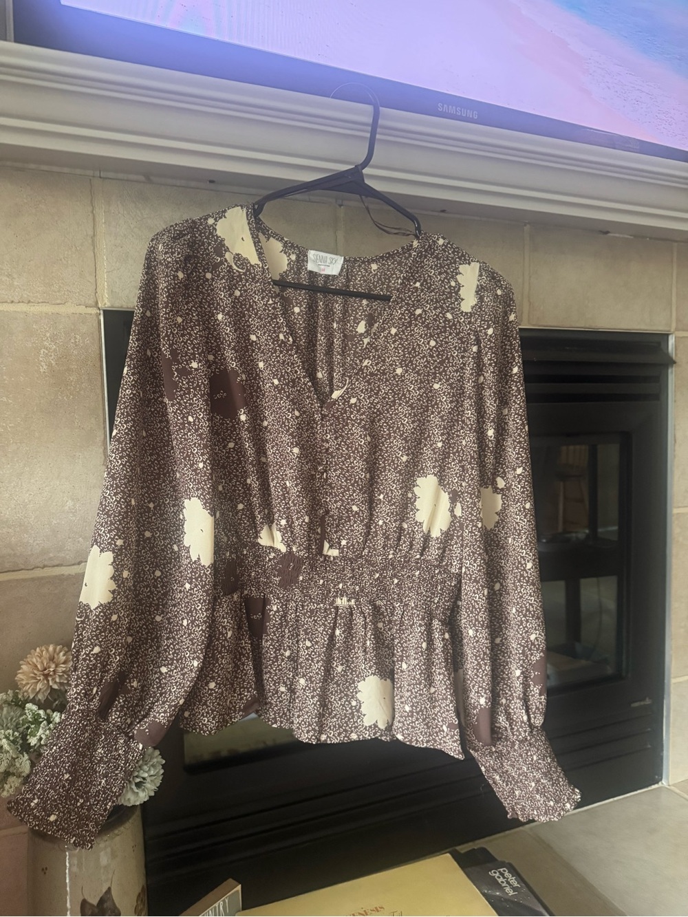 Sienna Sky Brown and Cream Floral Smocked Waist Blouse